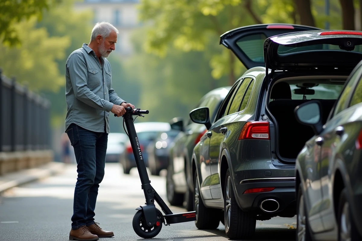 Homme déchargeant un scooter électrique dans une rue parisienne
