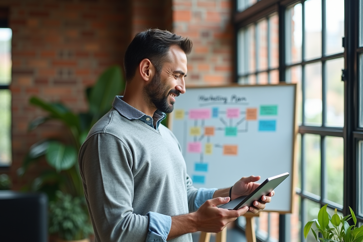 Homme d age en sweater gris expliquant un plan marketing