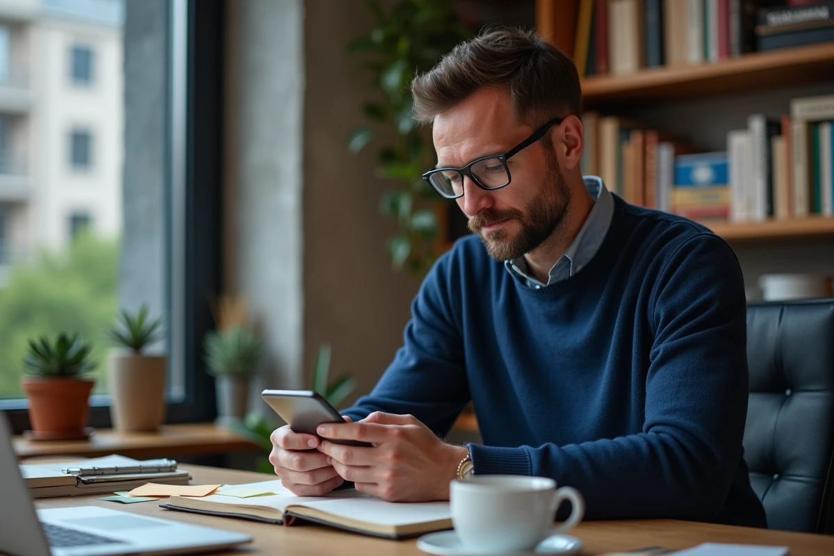 Homme consultant son fil LinkedIn sur smartphone avec des publications mises en forme en gras depuis son bureau à domicile