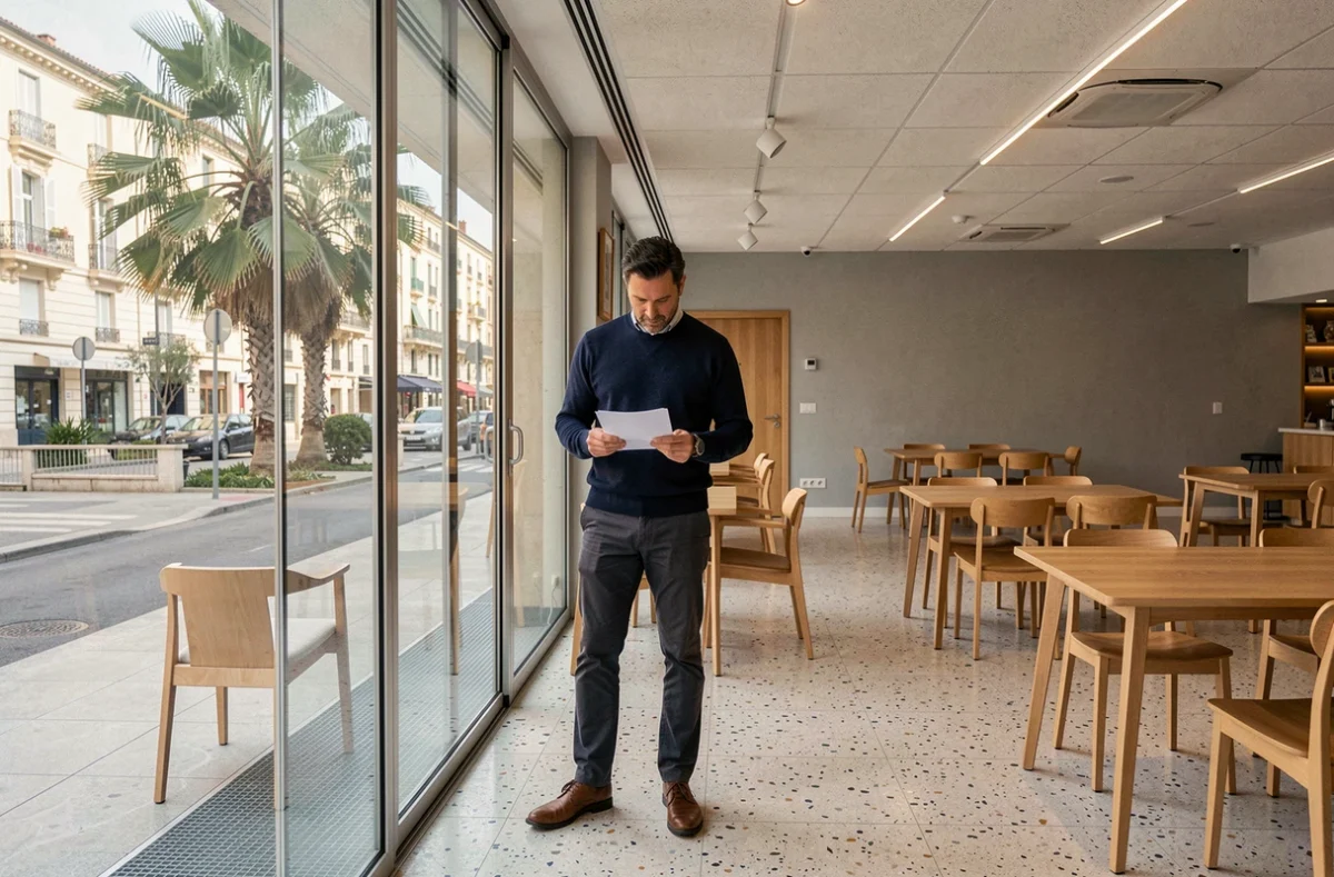 Homme en espace de coworking à Nice examinant des documents près d'une baie vitrée