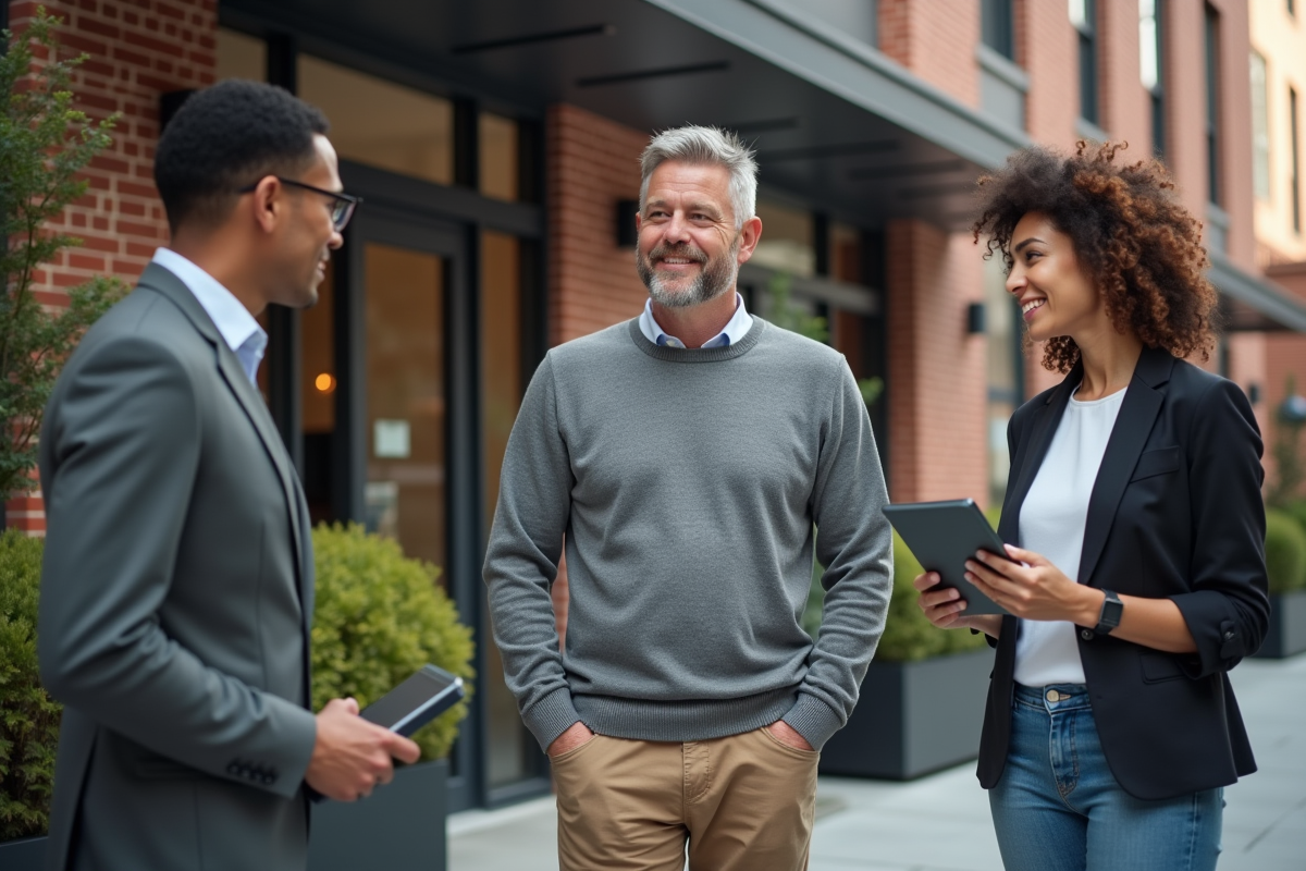 Homme en extérieur discutant avec des professionnels urbains