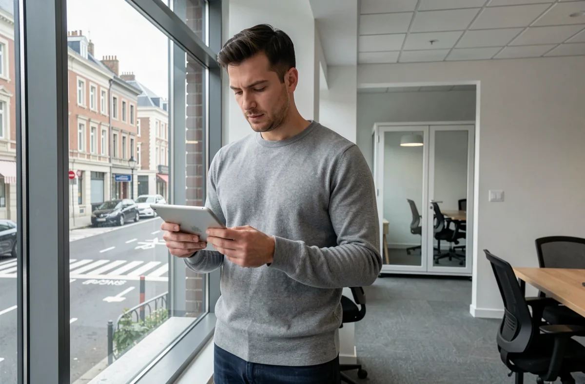 Homme consultant une tablette dans un espace de coworking avec vue sur la ville d'Orléans