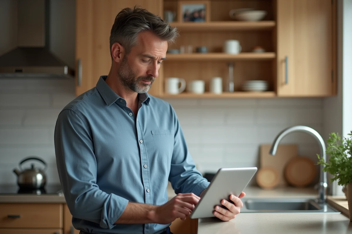 Homme avec tablette vérifiant sa liste de tâches à la maison