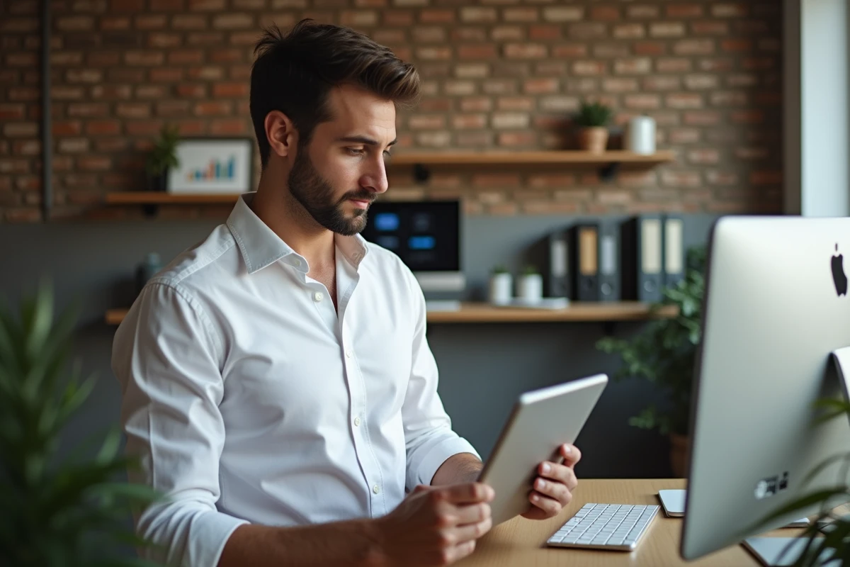Homme consultant un service de déclaration d'expertise en ligne depuis un bureau à domicile moderne avec tablette