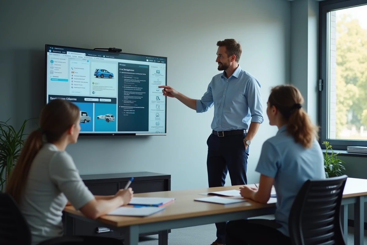 Homme montrant une mise &agrave; jour logiciel &agrave; un jeune employ&eacute;