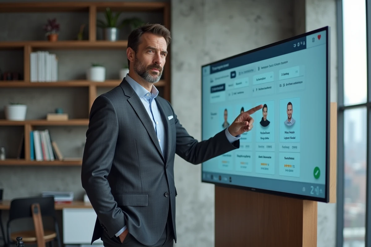 Homme en costume présentant une interface de filtrage d'employeurs sur tableau numérique dans un espace de coworking