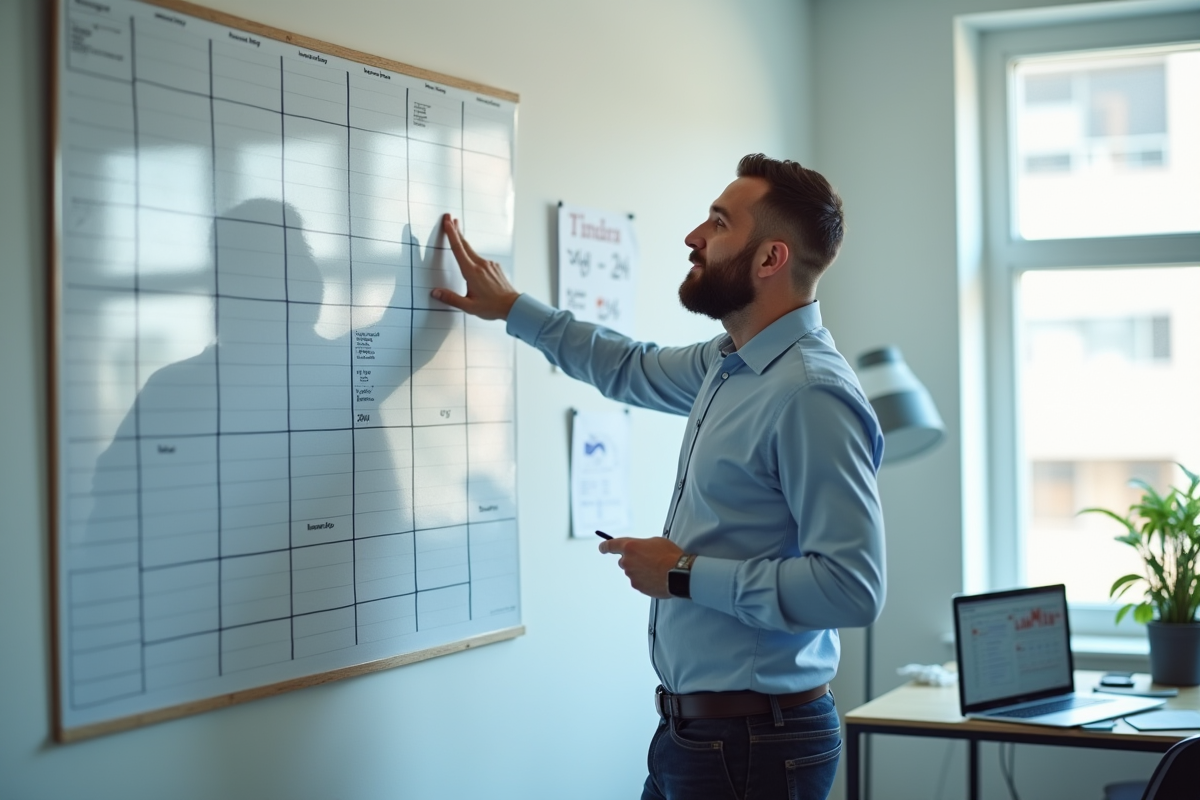 Homme d affaires pointant un calendrier dans une salle de réunion