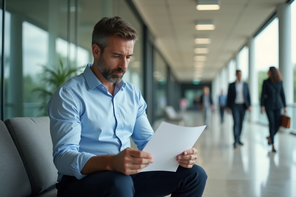 Homme tenant une lettre de démission dans un hall moderne
