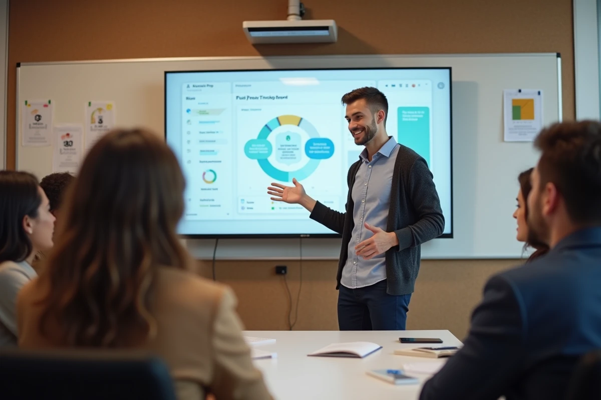 Jeune homme expliquant un tableau de bord KPI