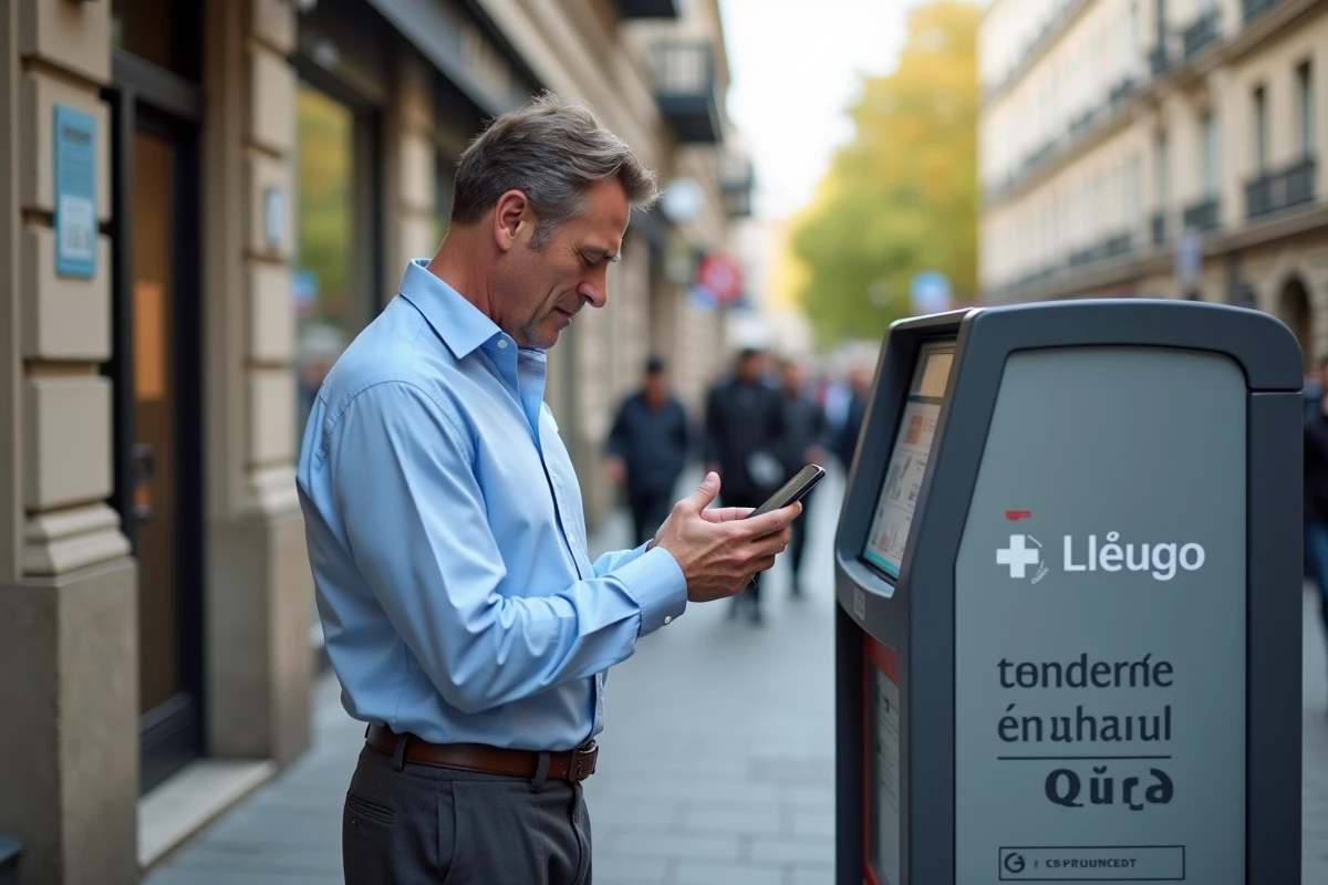 Homme d affaires lisant message sur smartphone devant kiosque urbain