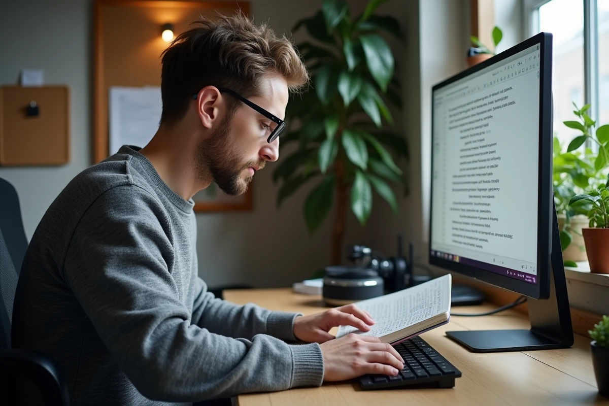 Homme en télétravail rédigeant un texte soigné sur son ordinateur avec des notes manuscrites à côté