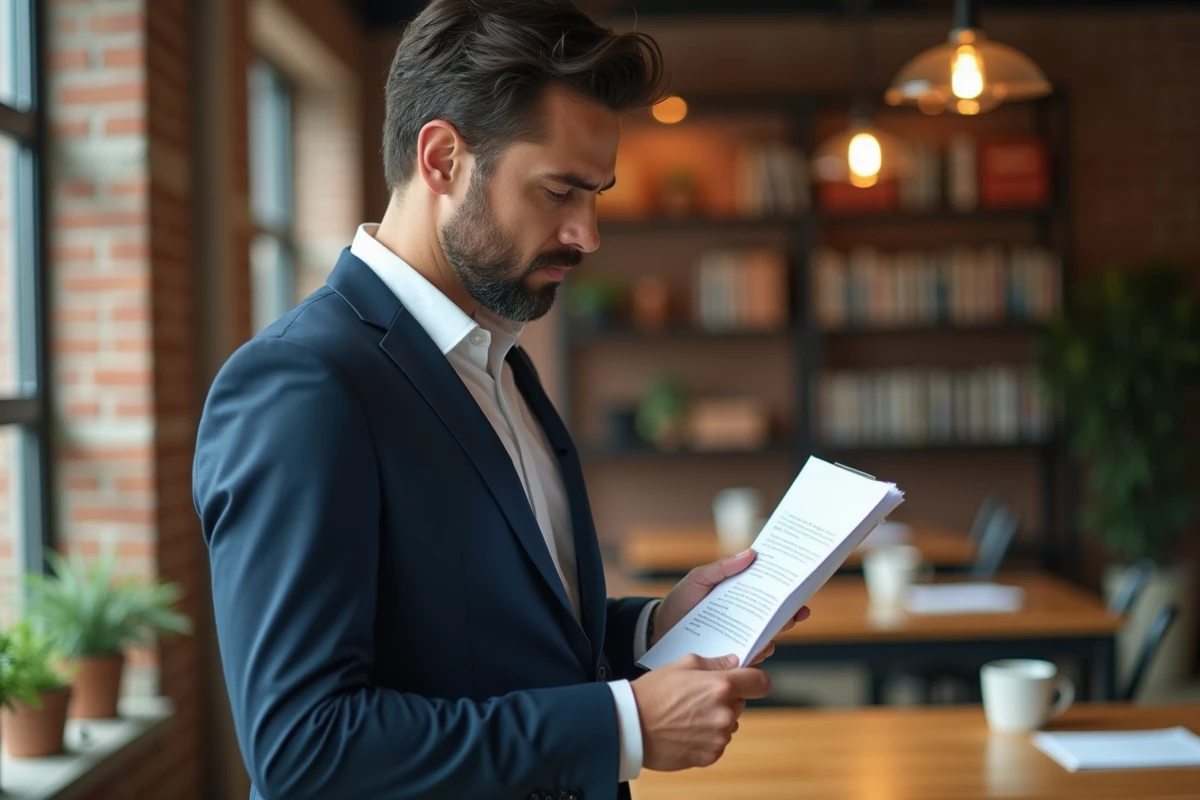 Homme en costume relisant une lettre formelle avec une expression perplexe face à une formule de salutation inappropriée