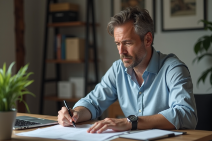 Homme d age moyen examine des papiers dans un bureau à domicile