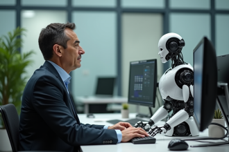Homme d affaires observant un robot au bureau
