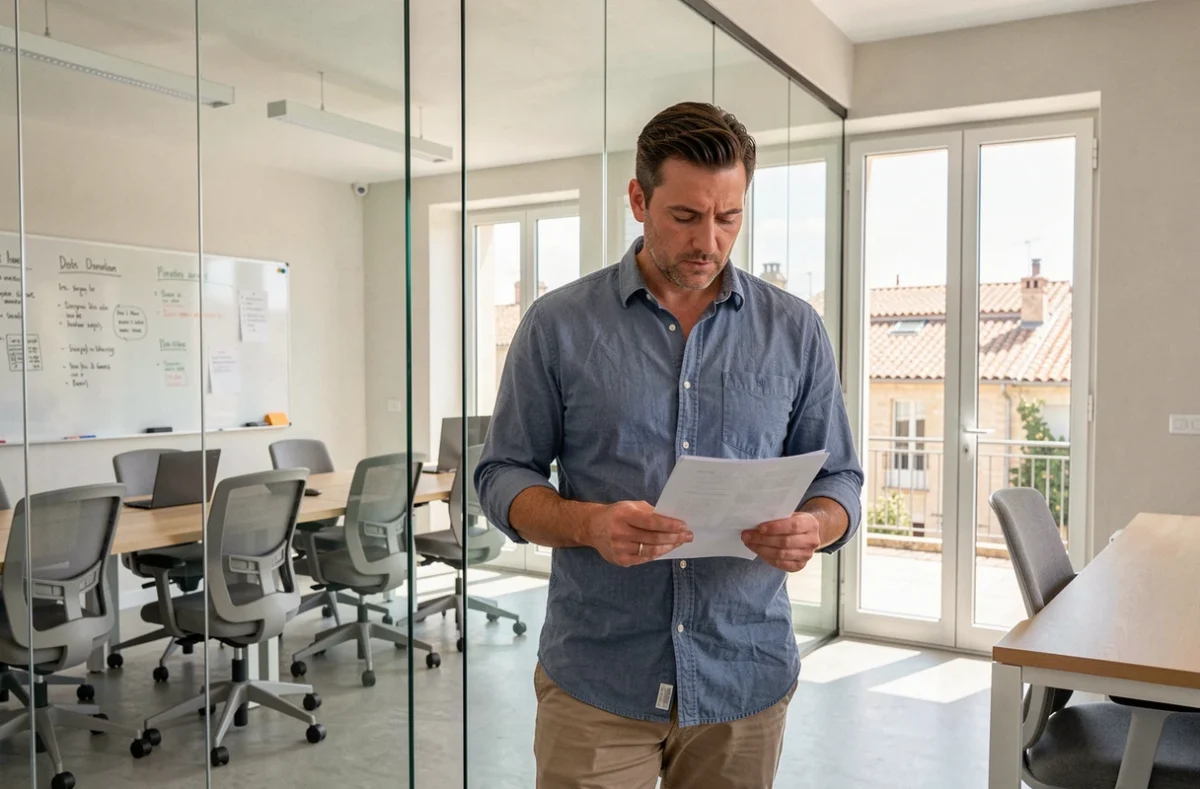 Homme consultant des documents debout près d'une salle de réunion dans un coworking à Avignon