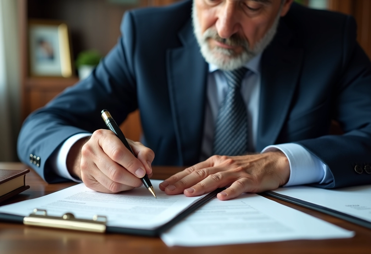 Homme mature signant un document officiel avec stylo