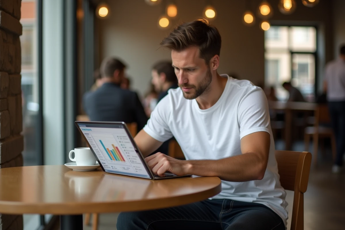 Homme consultant un tableau de bord financier sur tablette dans un café urbain pour estimer ses revenus en ligne