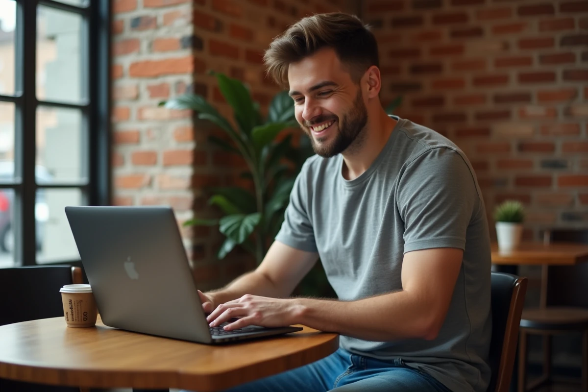 Homme travaillant à distance depuis un café, illustrant le télétravail sans expérience préalable dans un environnement décontracté