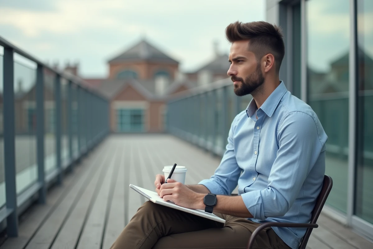 Homme en terrasse urbaine prenant des notes avec un café