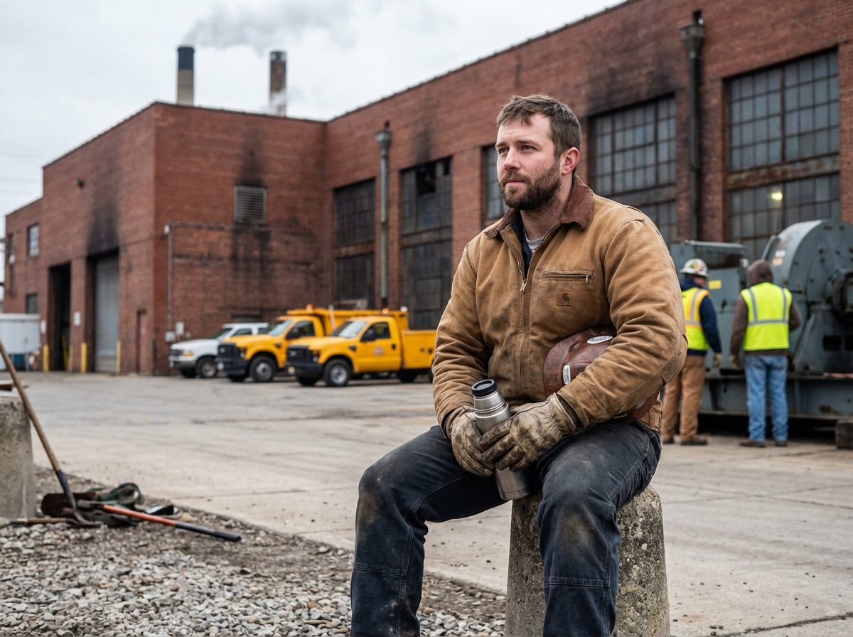 Homme en pause devant une usine industrielle