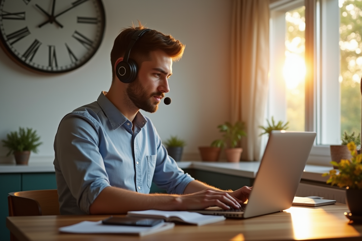 Homme en télétravail à la maison avec ordinateur et casque
