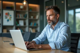 Homme concentré travaillant sur un ordinateur dans un bureau moderne
