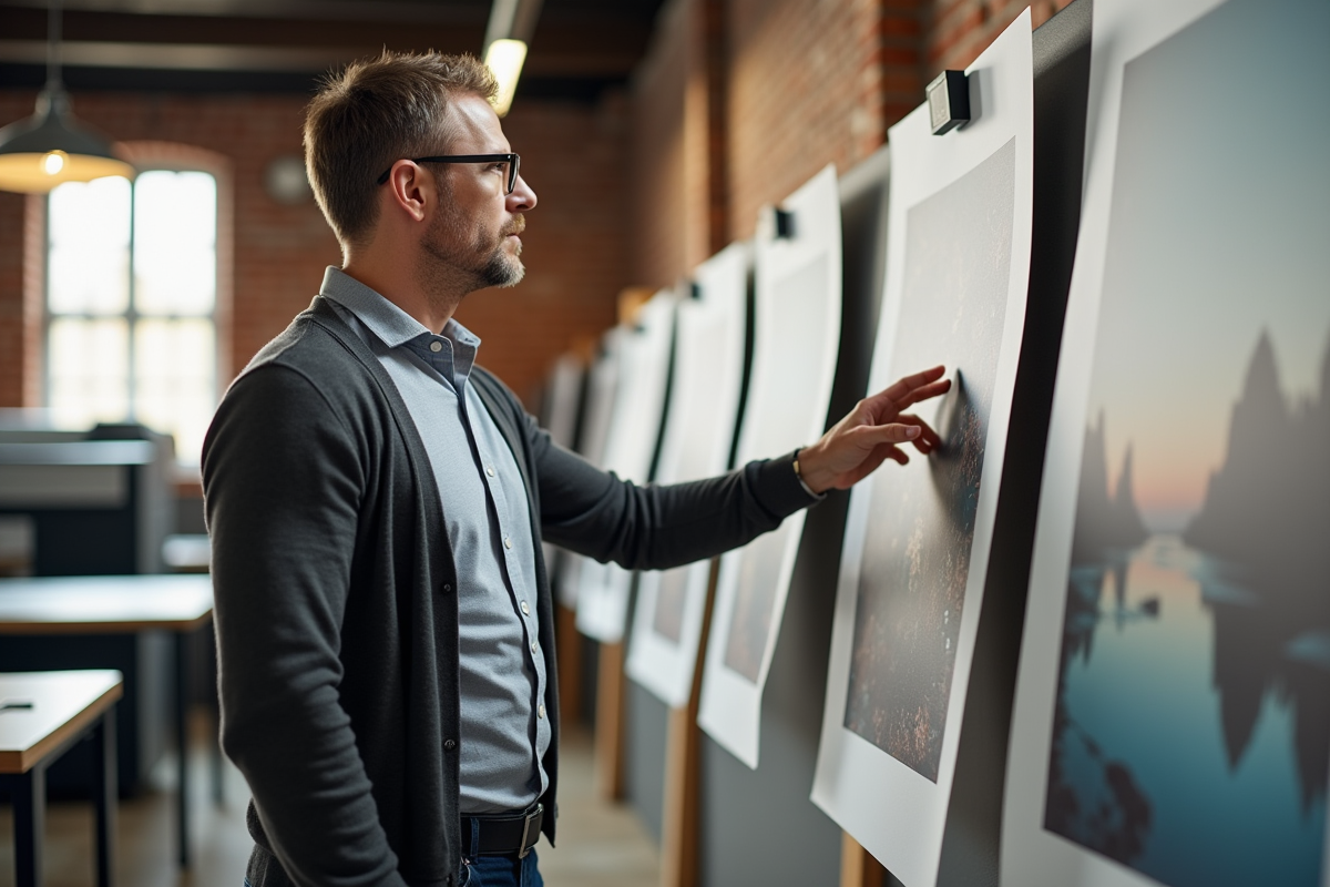 Homme vérifiant des affiches dans un atelier d