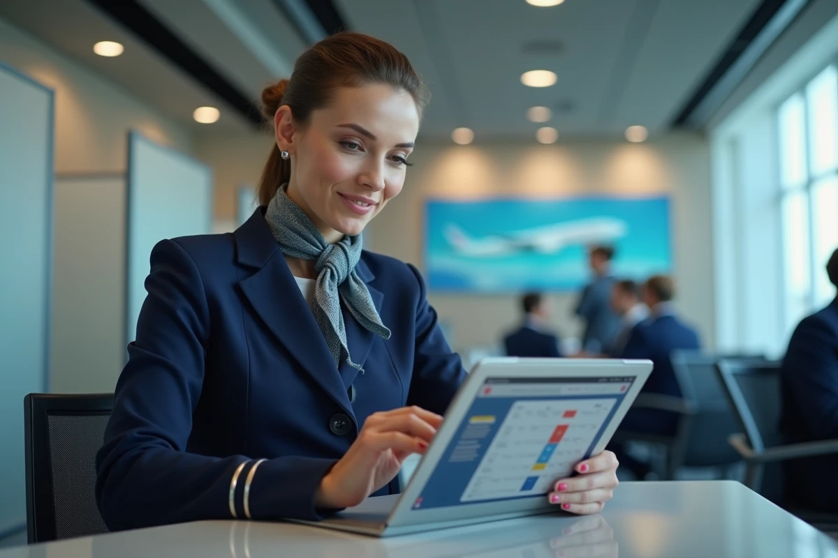 Hôtesse de l'air Air France consultant son planning de travail sur une tablette numérique dans une salle de briefing moderne