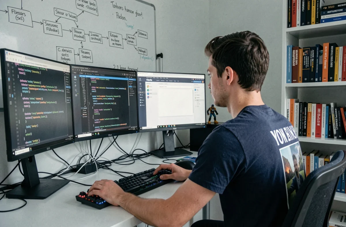 Développeur web d'Ifelse-developpement.com codant une application web sur trois écrans dans un bureau de développement organisé
