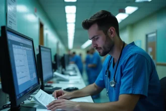 Infirmier en blouse bleue consultant des documents administratifs à la station de nuit d'un hôpital, illustrant le travail de nuit et la réglementation salariale