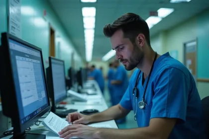 Infirmier en blouse bleue consultant des documents administratifs à la station de nuit d'un hôpital, illustrant le travail de nuit et la réglementation salariale