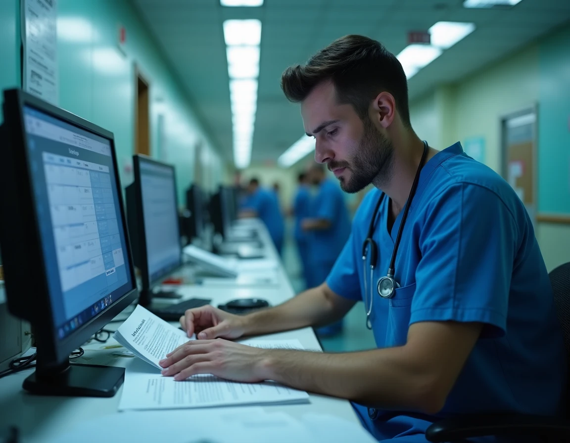 Infirmier en blouse bleue consultant des documents administratifs à la station de nuit d'un hôpital, illustrant le travail de nuit et la réglementation salariale