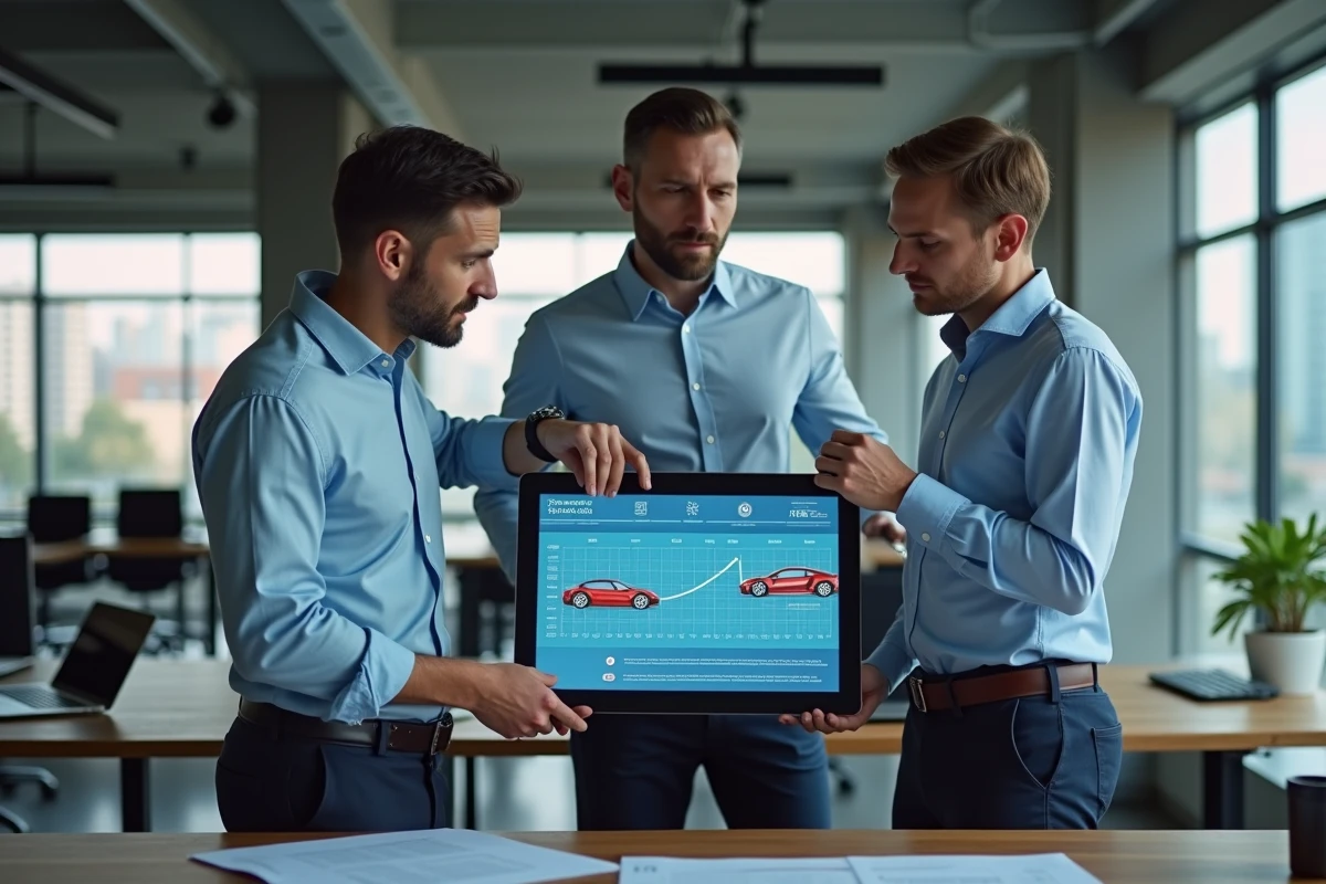 &Eacute;quipe d'ing&eacute;nieurs Stellantis analysant les donn&eacute;es de la fusion PSA-FCA sur un &eacute;cran interactif