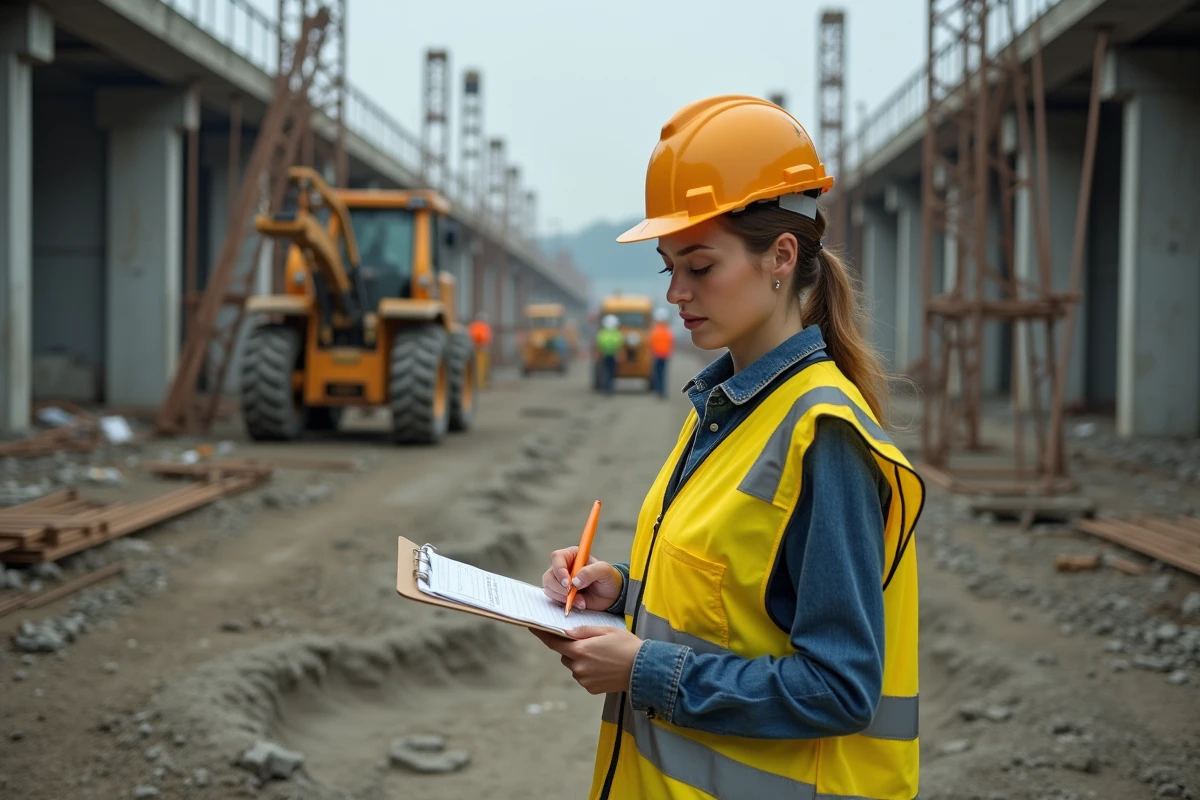 Inspectrice de terrain en gilet haute visibilité évaluant des risques structurels sur un chantier industriel