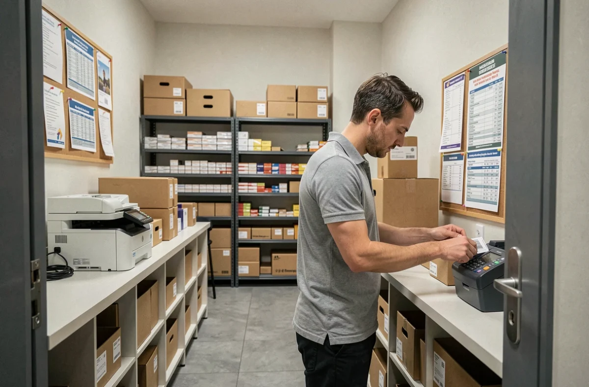 Intérieur d'un bureau multiservices à Rennes avec employé scannant un colis et tarifs affichés