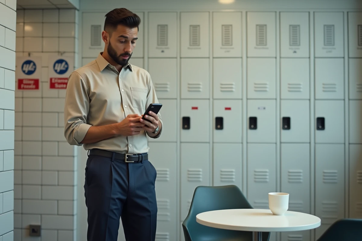Intérimaire Air France consultant l'accès à Intraligne sur son smartphone dans une salle de pause du personnel