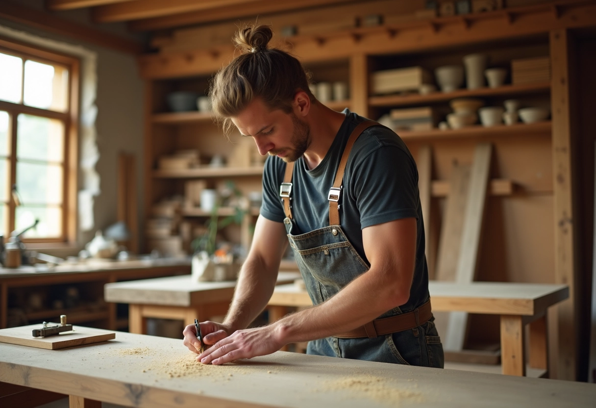 Jeune artisan travaillant le bois dans un atelier lumineux