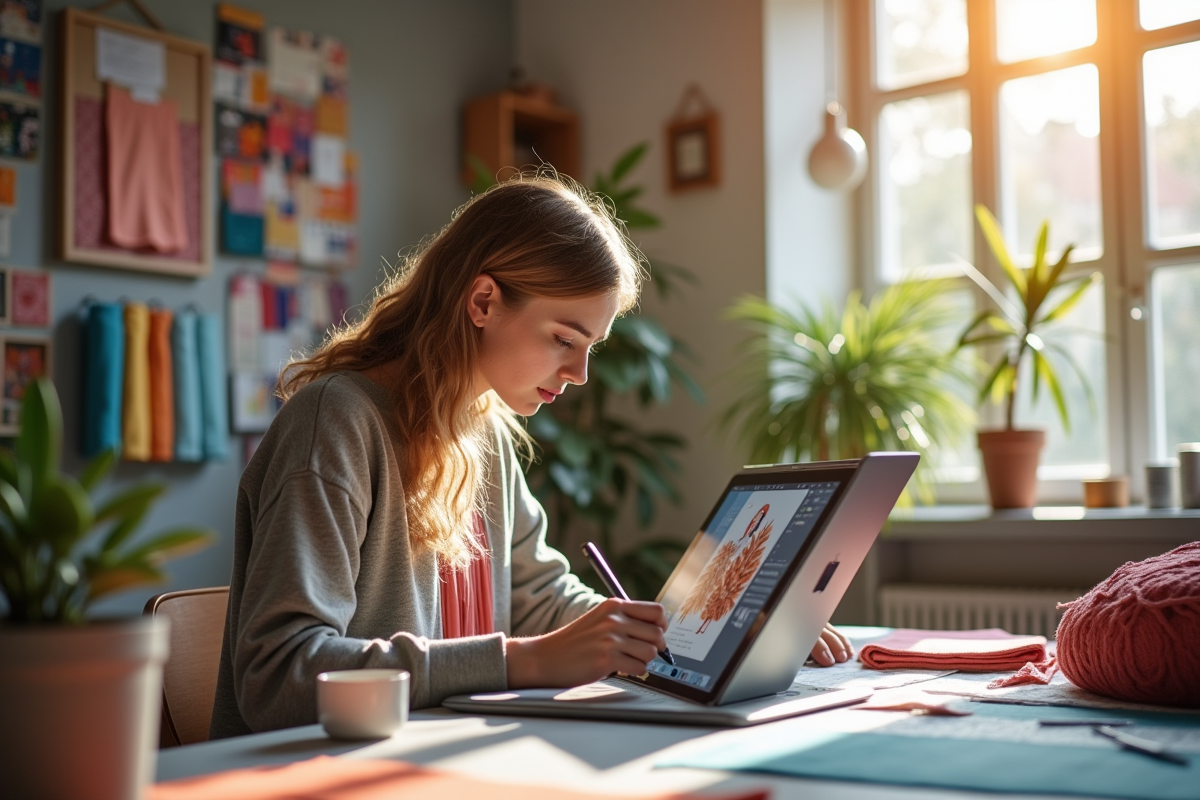 Jeune designer textile travaillant sur une tablette dans un studio lumineux