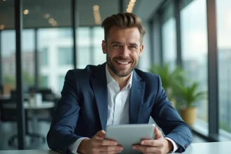 Jeune entrepreneur en costume dans un bureau moderne