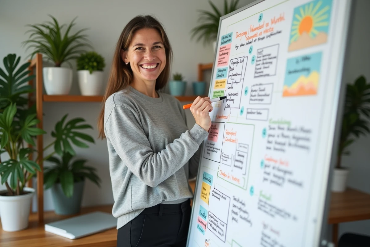Jeune entrepreneure mettant à jour un tableau blanc dans un bureau