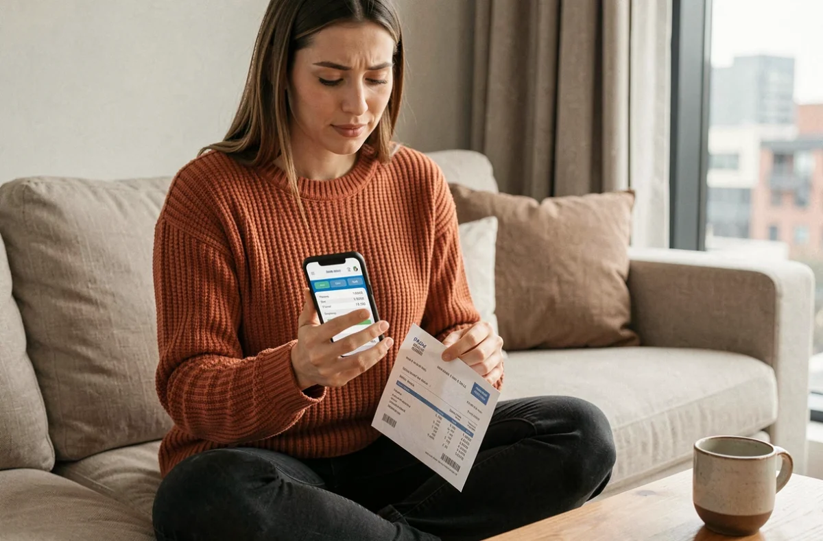 Jeune femme comprenant sa fiche de paie grâce à une application mobile de paie dans son salon
