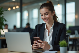 Jeune femme professionnelle au bureau souriante et concentrée