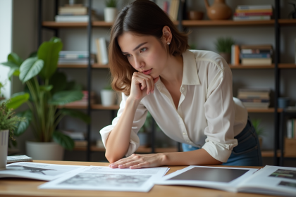 Jeune femme examinant des échantillons d'impression dans un bureau créatif