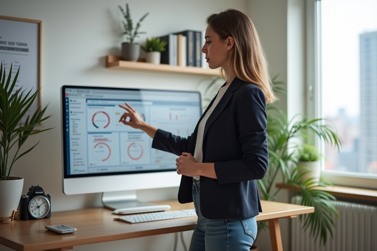 Jeune femme entrepreneure utilisant un tableau digital dans un bureau