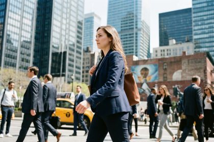 Jeune femme professionnelle marchant dans la ville moderne