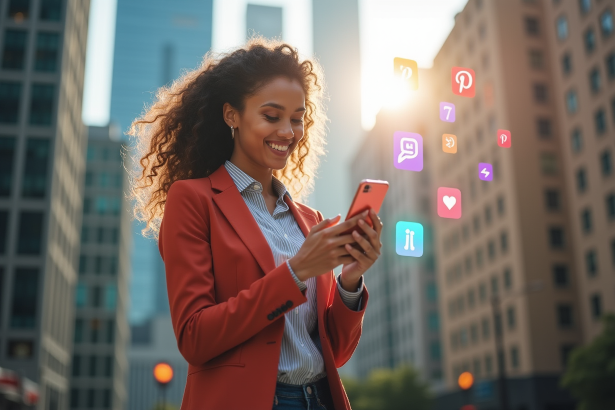Jeune femme confiante utilisant son smartphone en ville