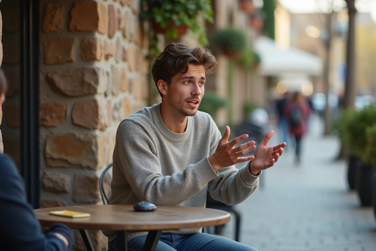Jeune homme d&eacute;contract&eacute; discutant dans un caf&eacute; en plein air