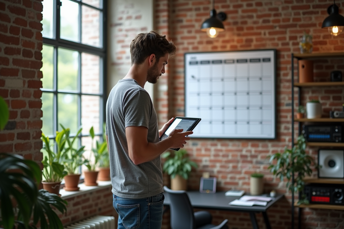 Jeune homme note sur calendrier dans un studio créatif