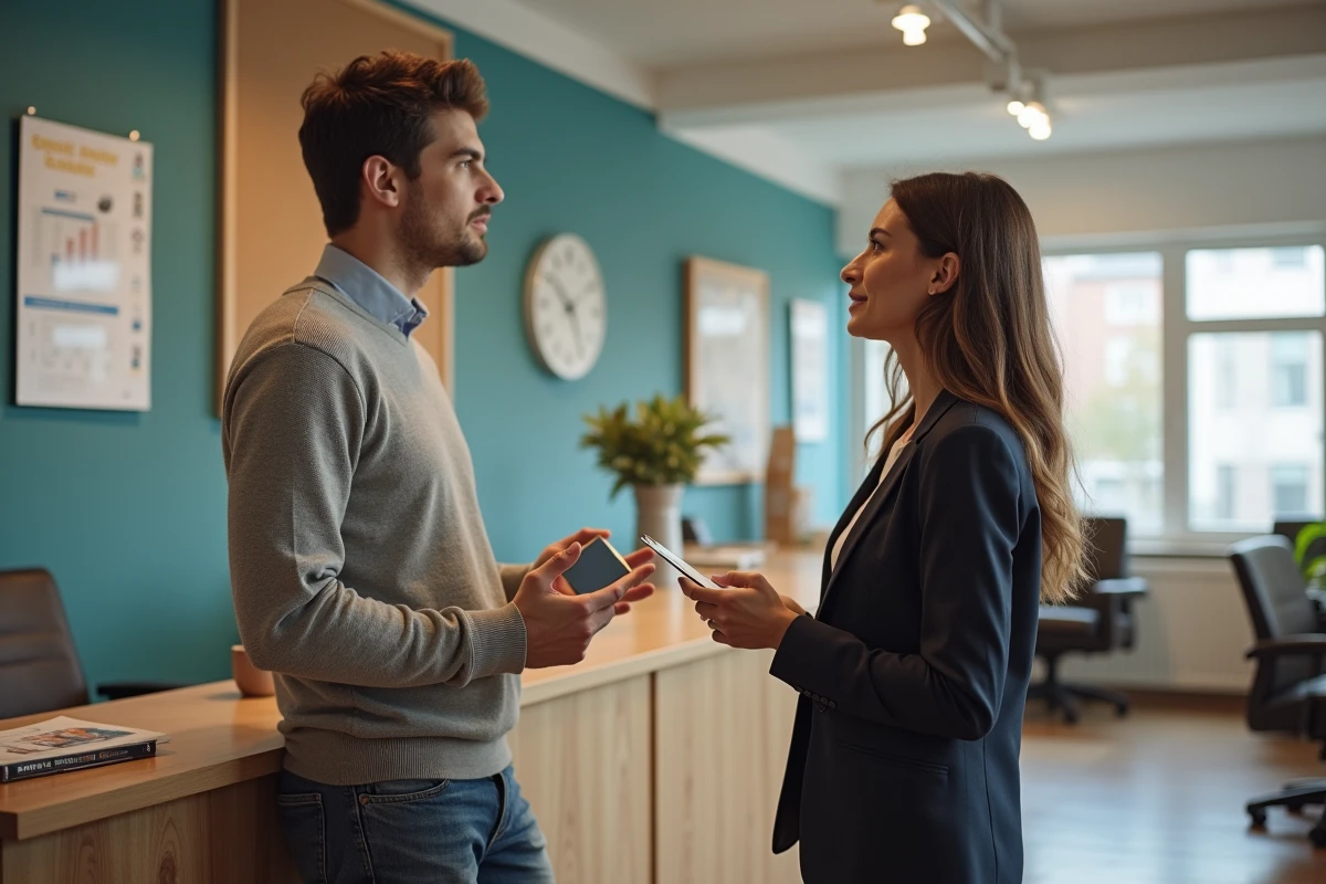 Jeune homme explique sa situation &agrave; une conseill&egrave;re &agrave; la reception