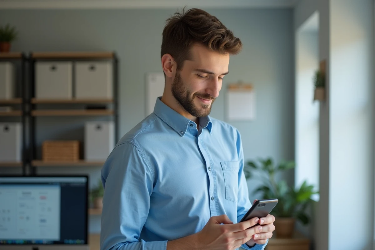 Jeune homme lisant son smartphone dans un bureau moderne